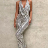 Festjumpsuit med Pailletter og Draperet Halterneck
