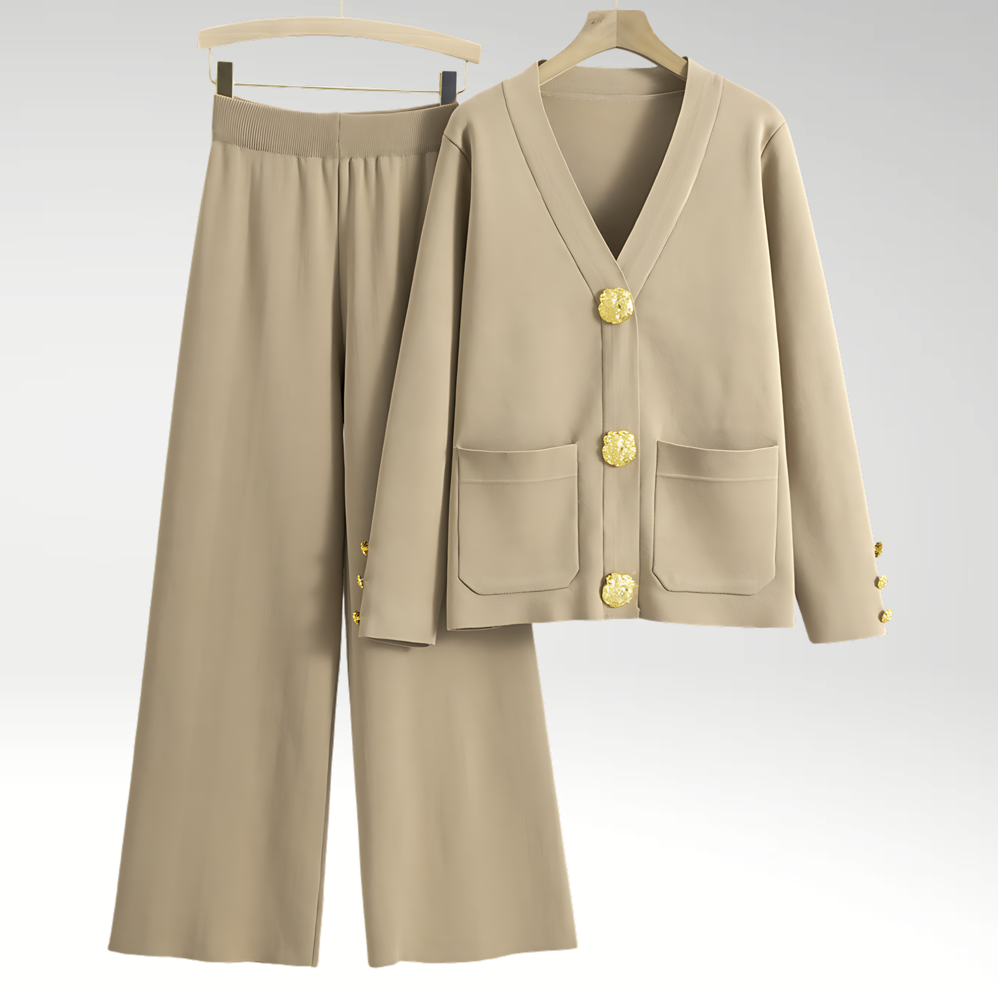 Elegant Blazer Sæt med Guldknapper og Brede Bukser – Sofistikeret Stil