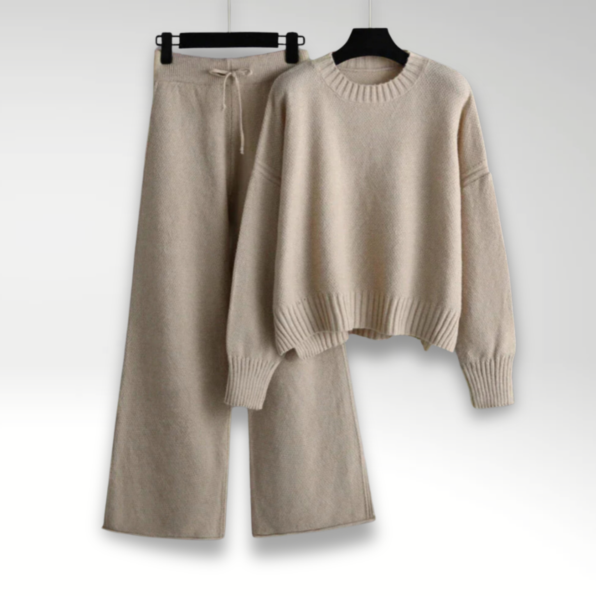 Strikket To-Delt Sæt med Sweater og Brede Bukser – Komfort & Stil