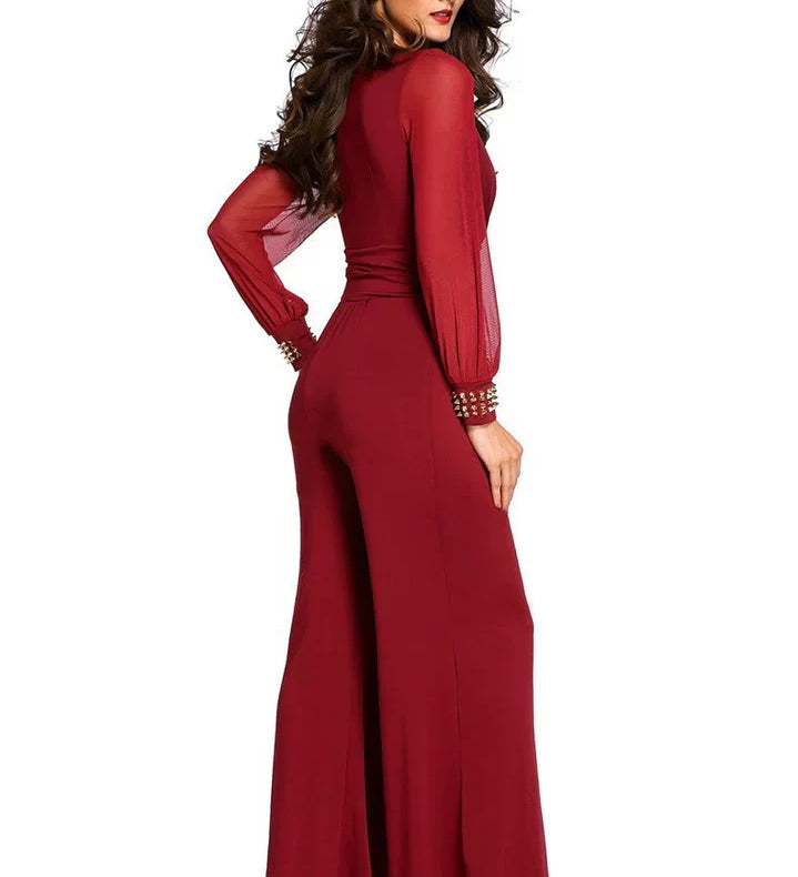 Elegant Jumpsuit med Mesh-Ærmer og V-udskæring