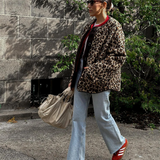 Leopardmønstret Teddyjakke med Oversized Pasform