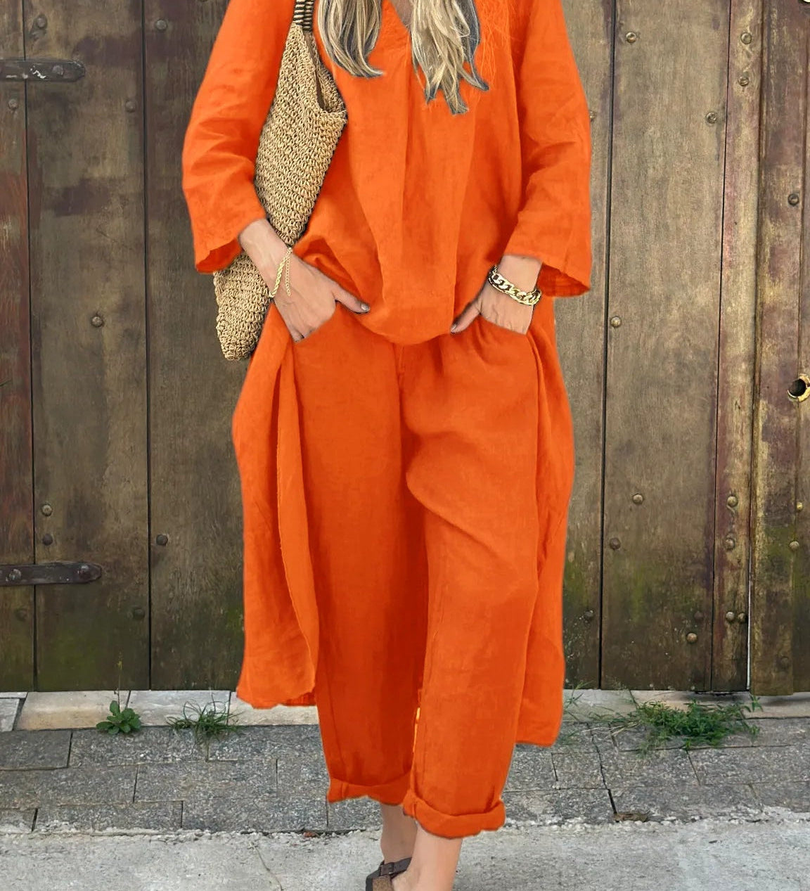 Boheme lag-på-lag sæt med lang cardigan og løse bukser