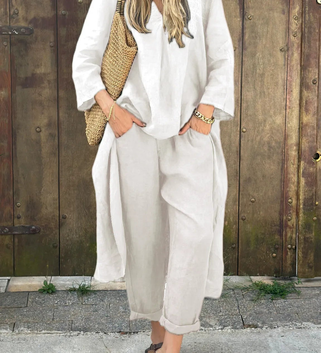 Boheme lag-på-lag sæt med lang cardigan og løse bukser