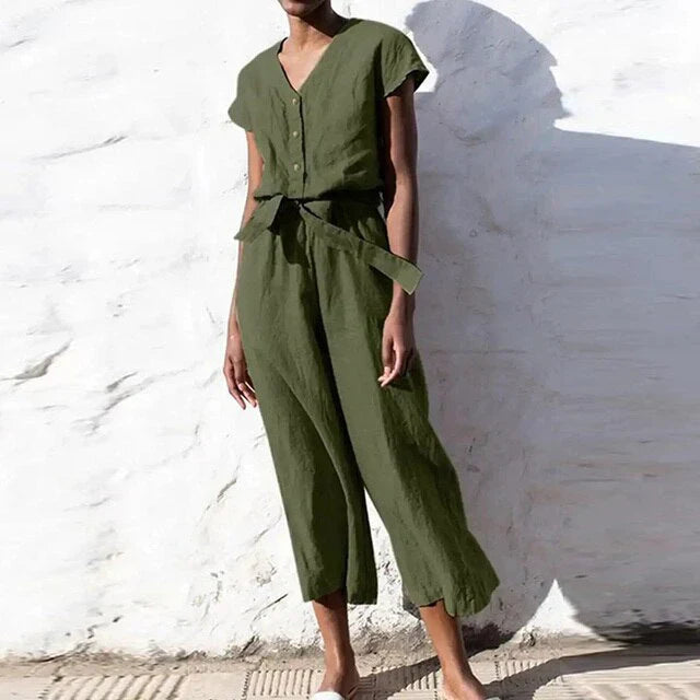 Kortærmet Jumpsuit i Linnedlook med Knapper og Bælte