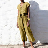 Kortærmet Jumpsuit i Linnedlook med Knapper og Bælte