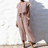 Kortærmet Jumpsuit i Linnedlook med Knapper og Bælte