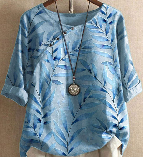 Boho Dame Bluse med Blade og Knapdetaljer – Afslappet og Naturlig