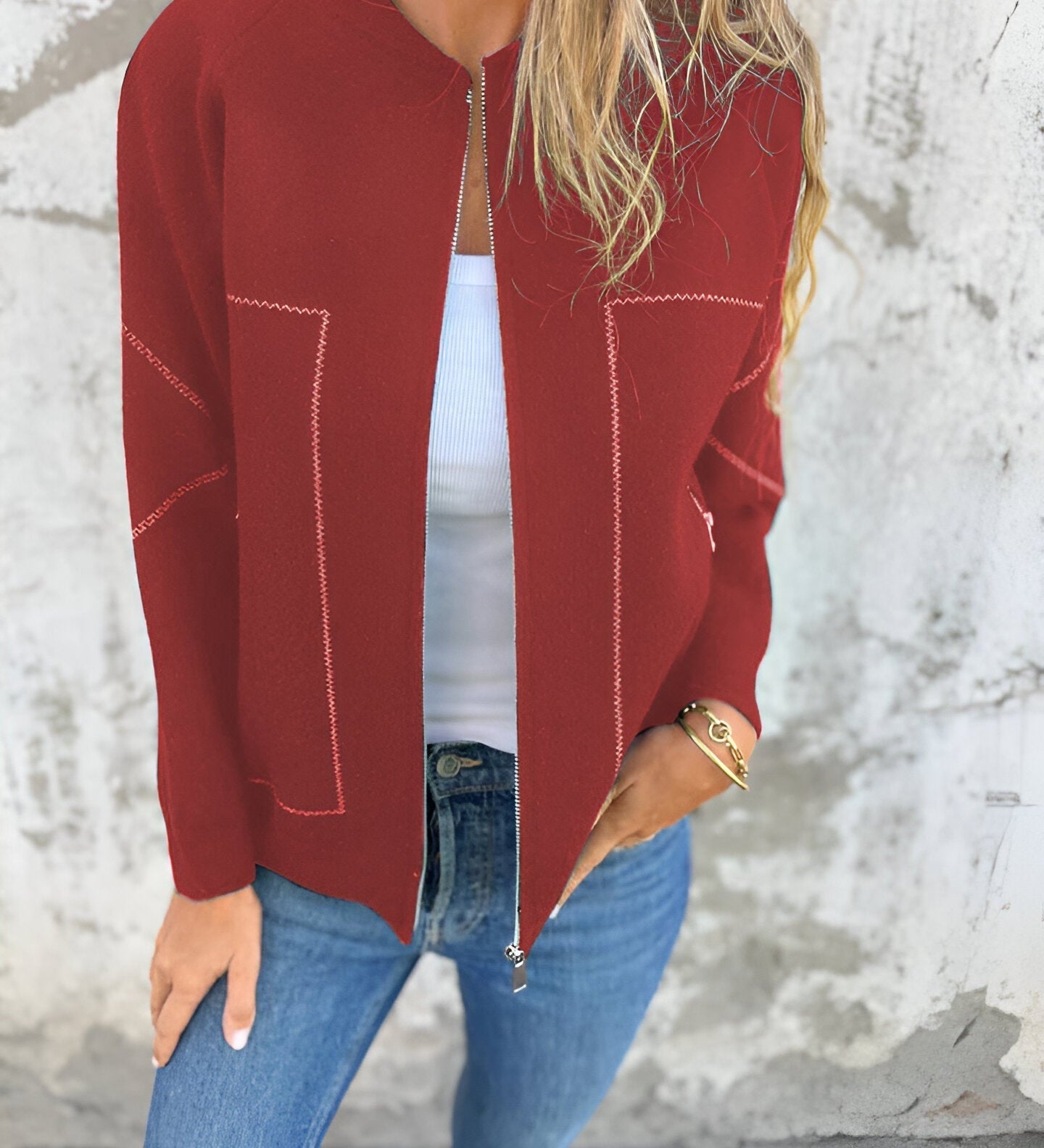 Elegant Cardigan med Lynlås og Kontrastdetaljer