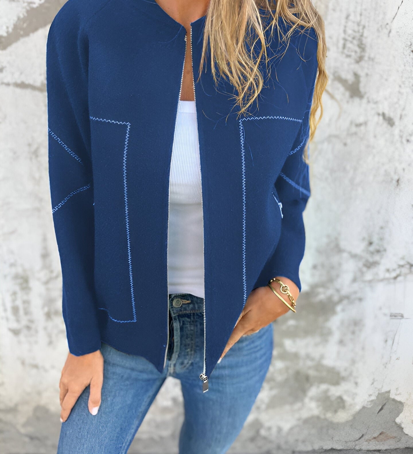 Elegant Cardigan med Lynlås og Kontrastdetaljer