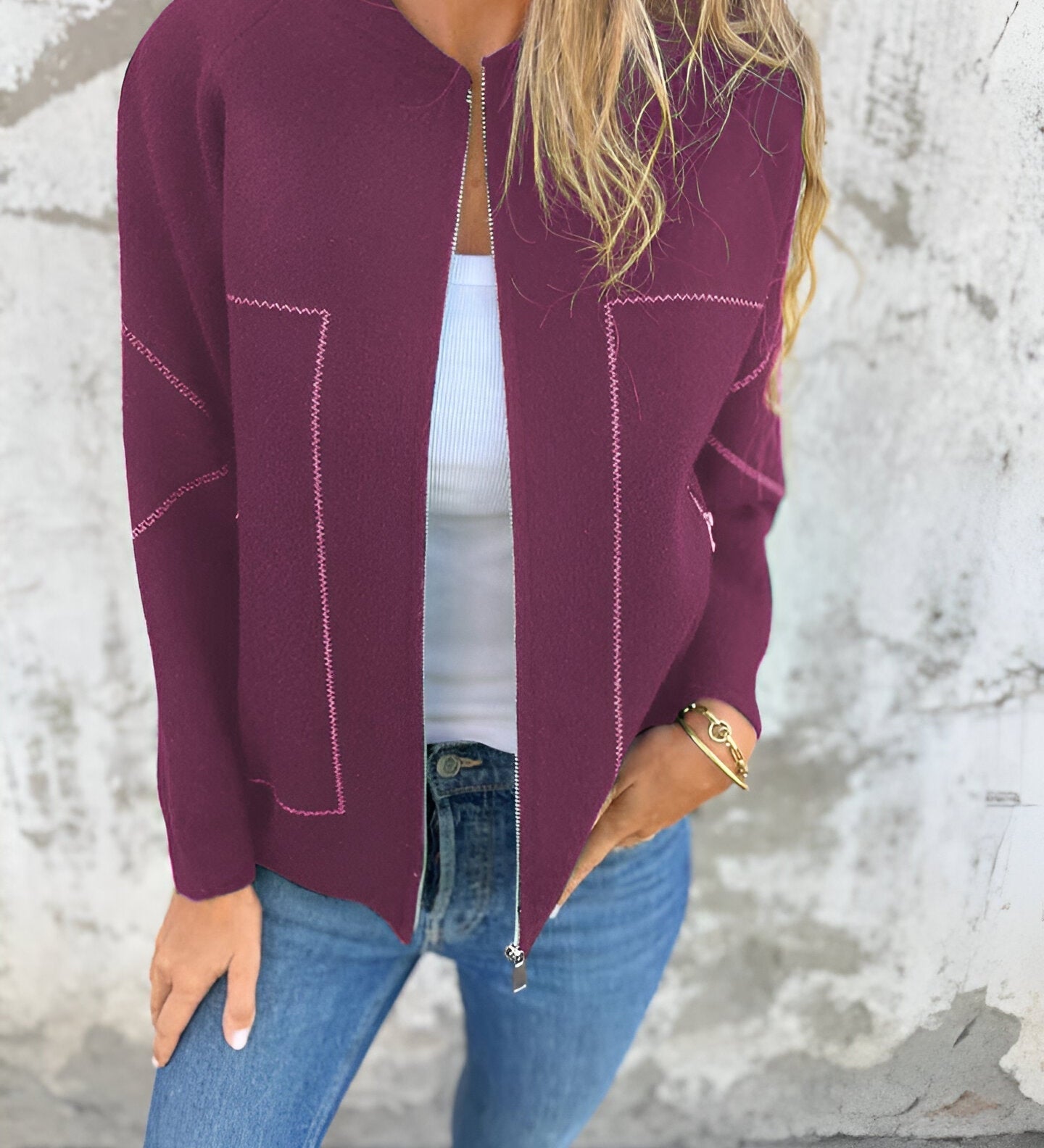 Elegant Cardigan med Lynlås og Kontrastdetaljer