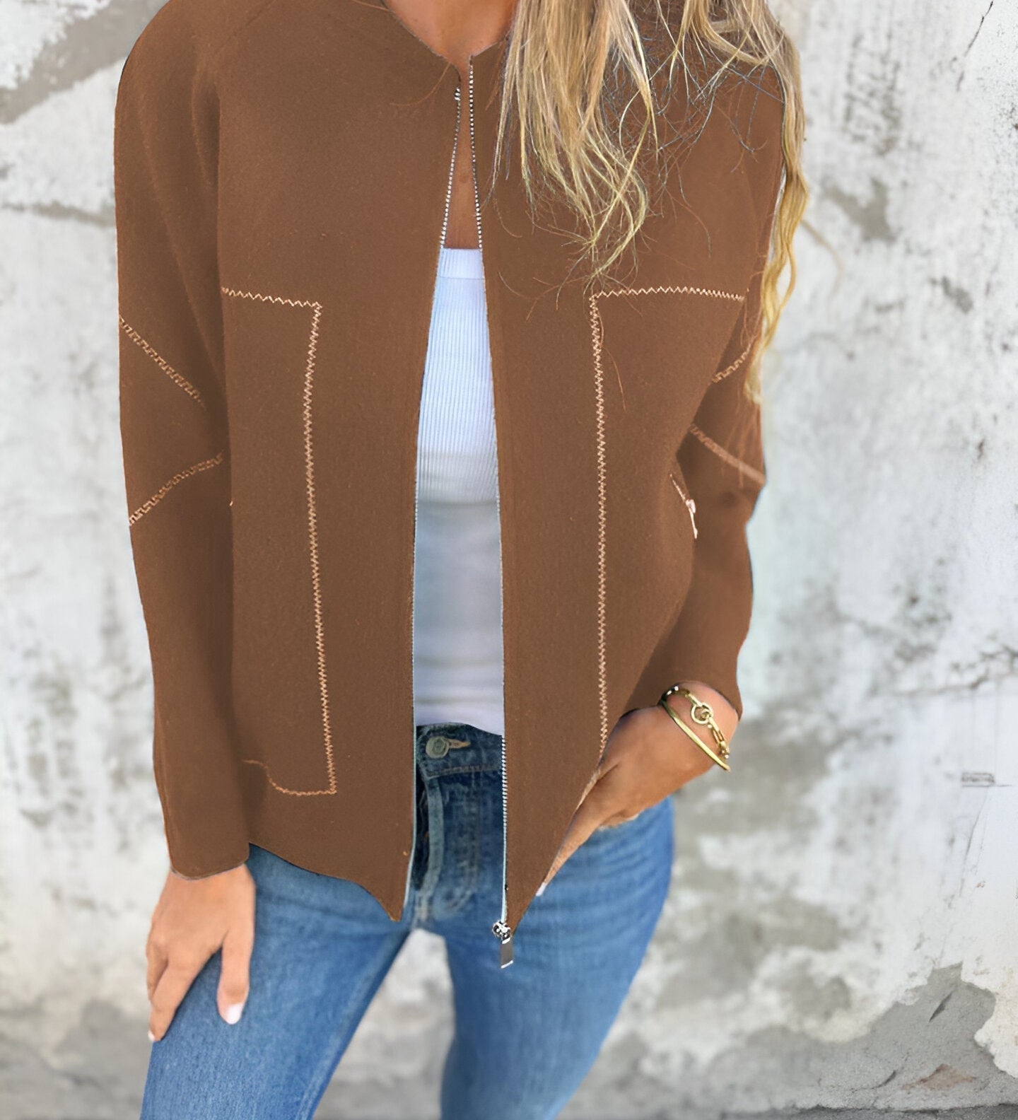 Elegant Cardigan med Lynlås og Kontrastdetaljer