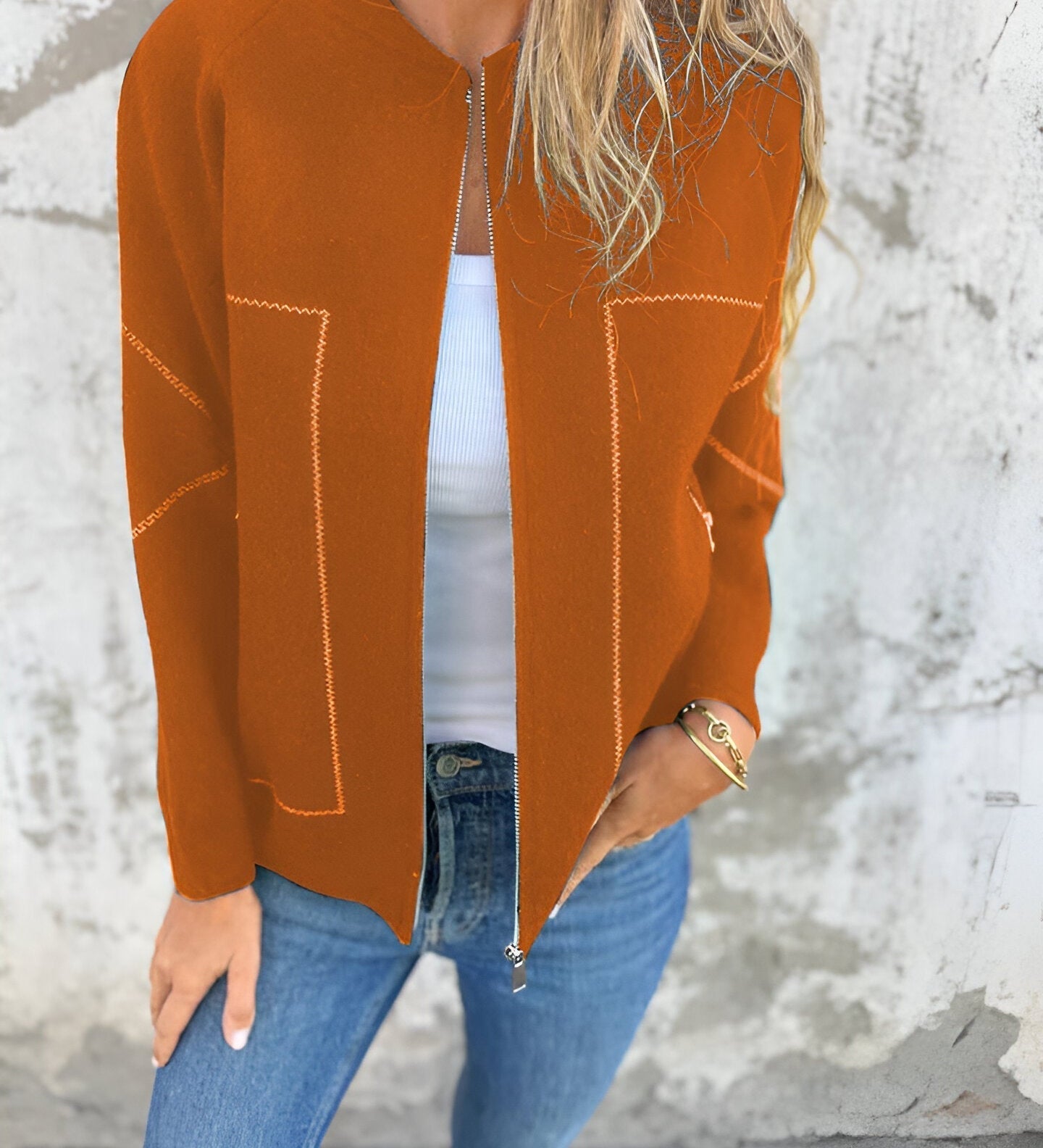 Elegant Cardigan med Lynlås og Kontrastdetaljer
