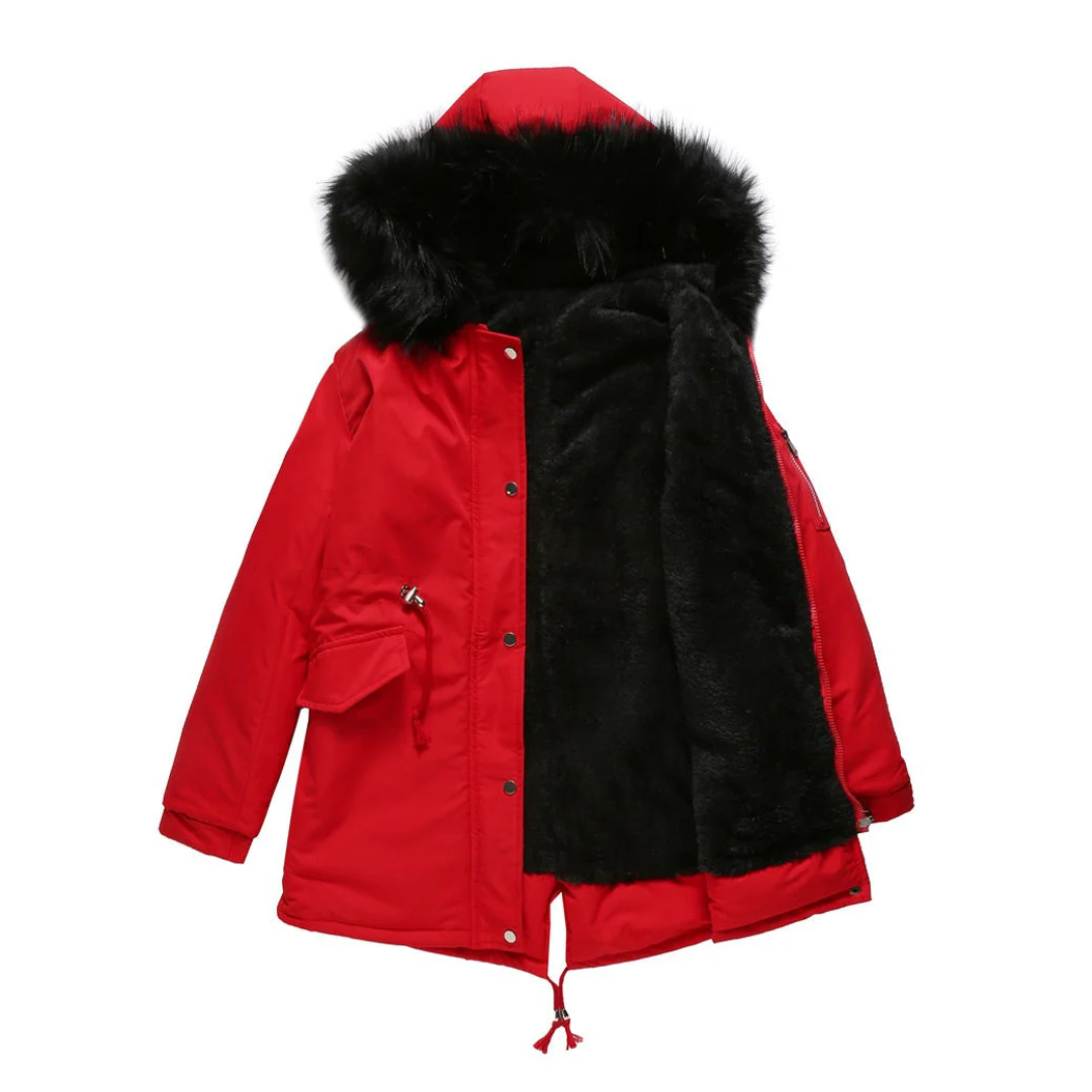 Varm Parkajakke med Faux Fur Hætte og Justerbar Talje