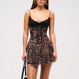 Leopard Print Mini Kjole med Blonde Detaljer