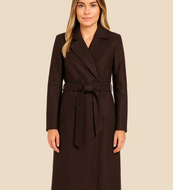 Lang elegant damefrakke i uldlook med bælte og dobbeltradet design