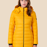 Lang varm dames vinterjakke med hætte og letvægtsfyld