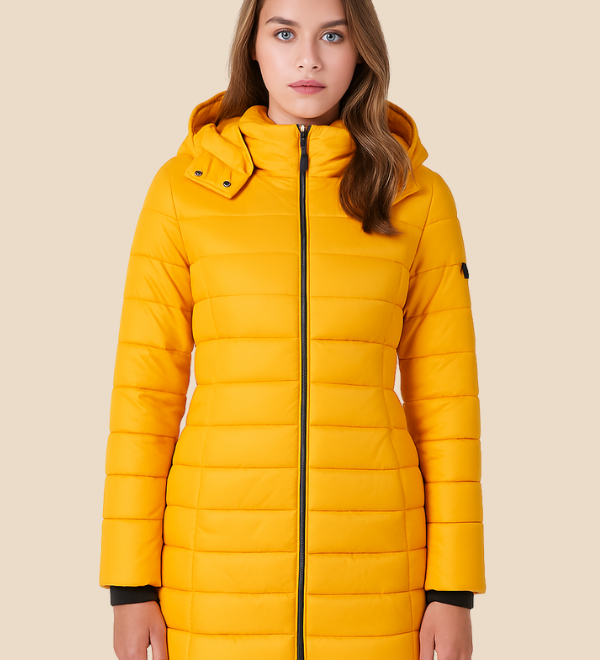 Lang varm dames vinterjakke med hætte og letvægtsfyld