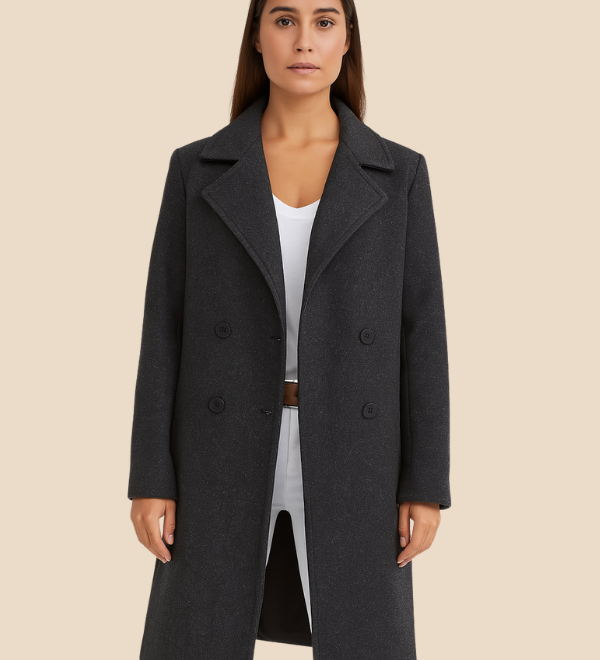 Lang dobbeltradet damefrakke i uldlook med elegant pasform