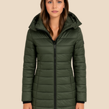 Lang varm dames vinterjakke med hætte og letvægtsfyld