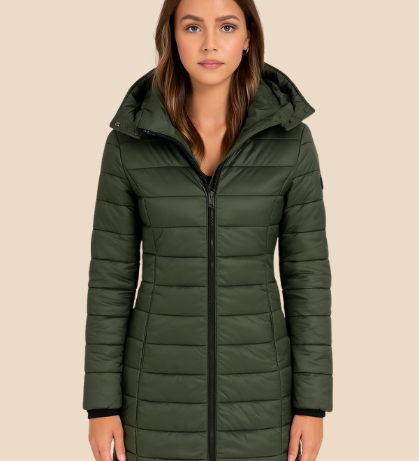 Lang varm dames vinterjakke med hætte og letvægtsfyld