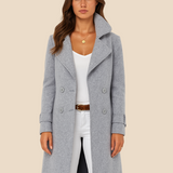 Lang dobbeltradet damefrakke i uldlook med elegant pasform