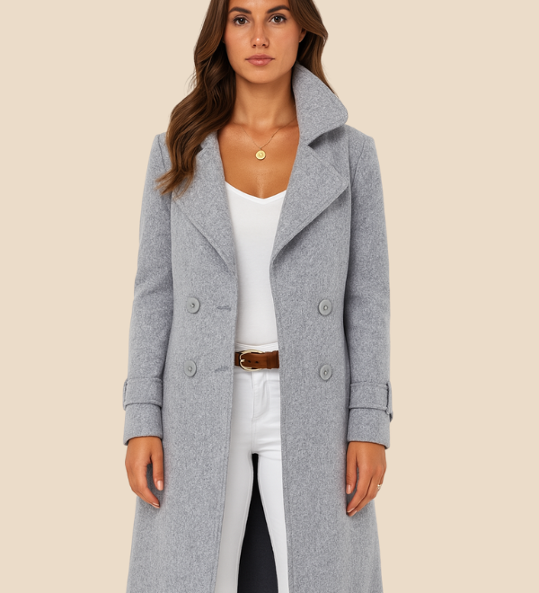 Lang dobbeltradet damefrakke i uldlook med elegant pasform