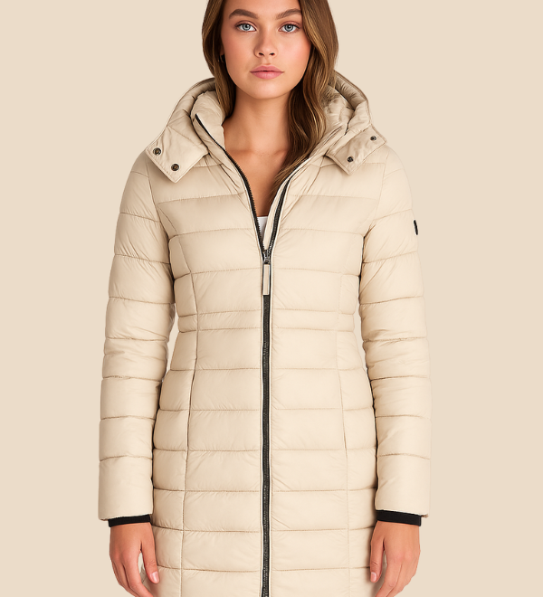 Lang varm dames vinterjakke med hætte og letvægtsfyld