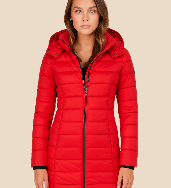 Lang varm dames vinterjakke med hætte og letvægtsfyld