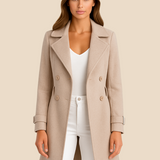 Lang dobbeltradet damefrakke i uldlook med elegant pasform