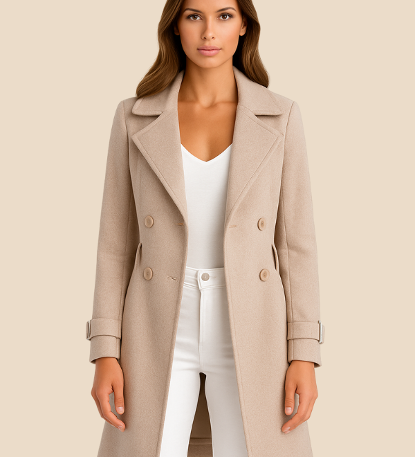 Lang dobbeltradet damefrakke i uldlook med elegant pasform