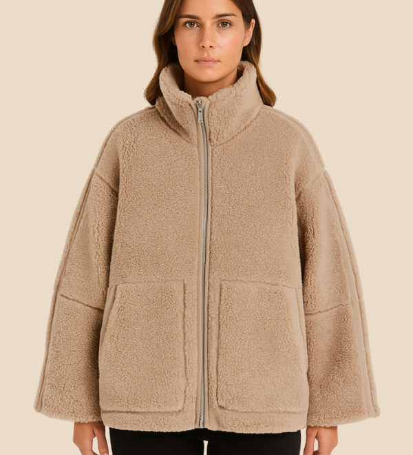 Blød teddy fleecejakke til kvinder med høj krave og lynlås