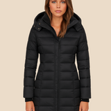 Lang varm dames vinterjakke med hætte og letvægtsfyld