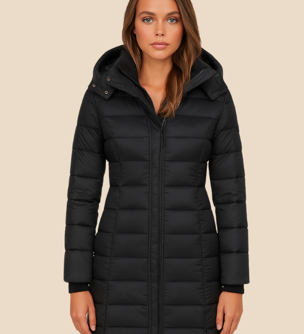Lang varm dames vinterjakke med hætte og letvægtsfyld