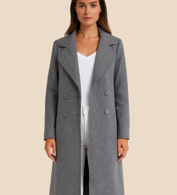 Lang dobbeltradet damefrakke i uldlook med elegant pasform