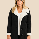 Varm teddyforet damejakke i blød fløjl med elegant krave