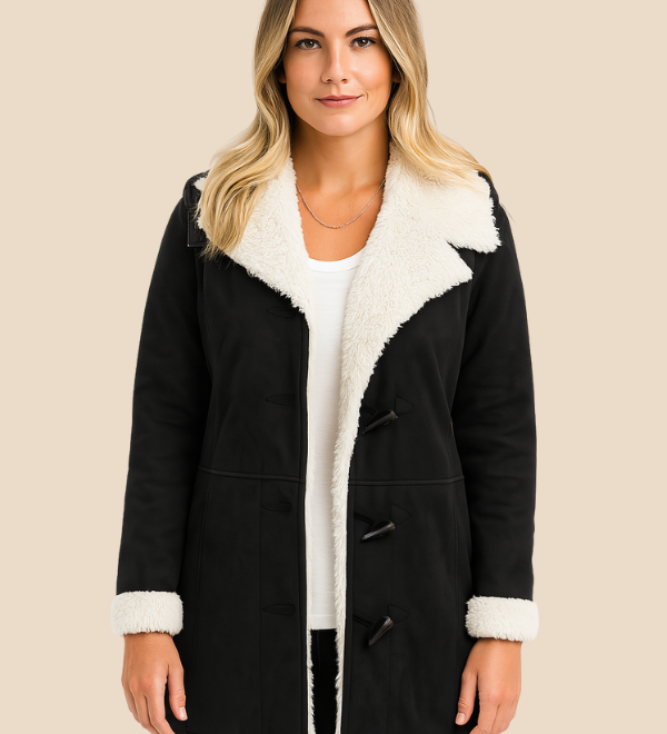 Varm teddyforet damejakke i blød fløjl med elegant krave