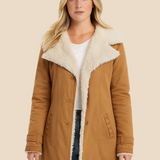 Varm teddyforet damejakke i blød fløjl med elegant krave