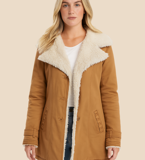 Varm teddyforet damejakke i blød fløjl med elegant krave