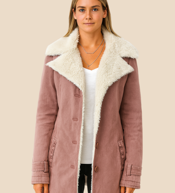 Varm teddyforet damejakke i blød fløjl med elegant krave