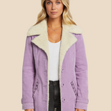 Varm teddyforet damejakke i blød fløjl med elegant krave