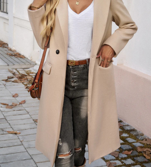 Lang elegant damefrakke – tidløs uldlook frakke til hverdag og fest