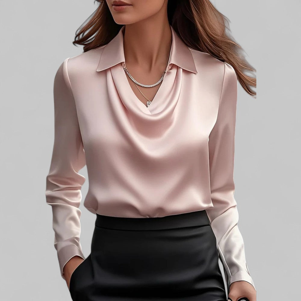 Elegant Satin Damebluse med Draperet Hals