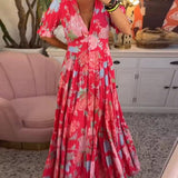 Elegant sommerkjole til kvinder med blomsterprint og V-hals