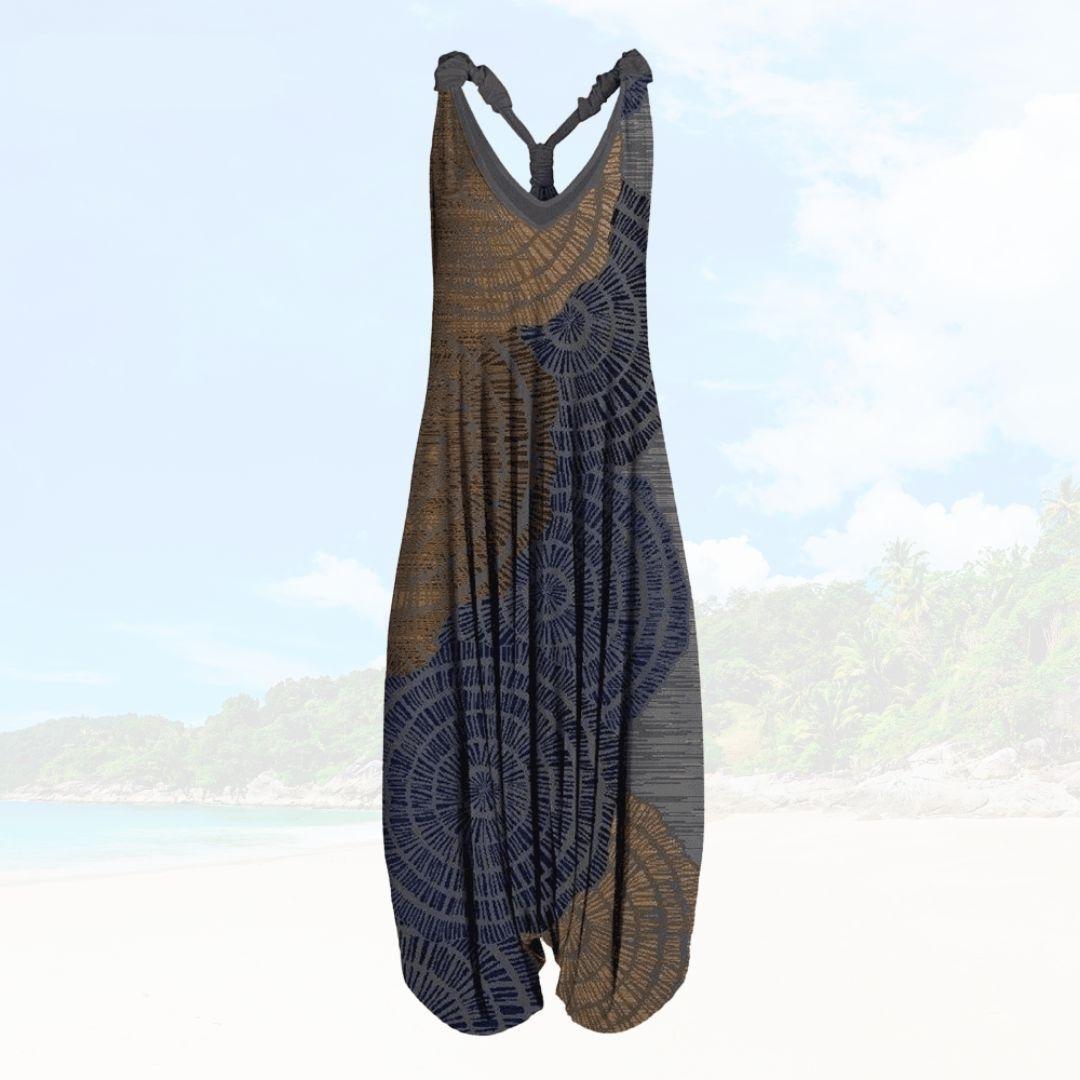 Boheme Jumpsuit med Tropisk Mønster og Lav Ryg