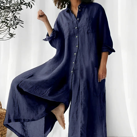 Løs Skjorte Jumpsuit med Krave og Knaplukning