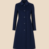 Elegant lang damefrakke i uldlook med klassisk knaplukning