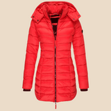 Lang varm dames vinterjakke med hætte og letvægtsfyld