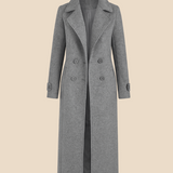 Lang dobbeltradet damefrakke i uldlook med elegant pasform