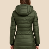 Lang varm dames vinterjakke med hætte og letvægtsfyld