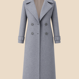 Lang dobbeltradet damefrakke i uldlook med elegant pasform